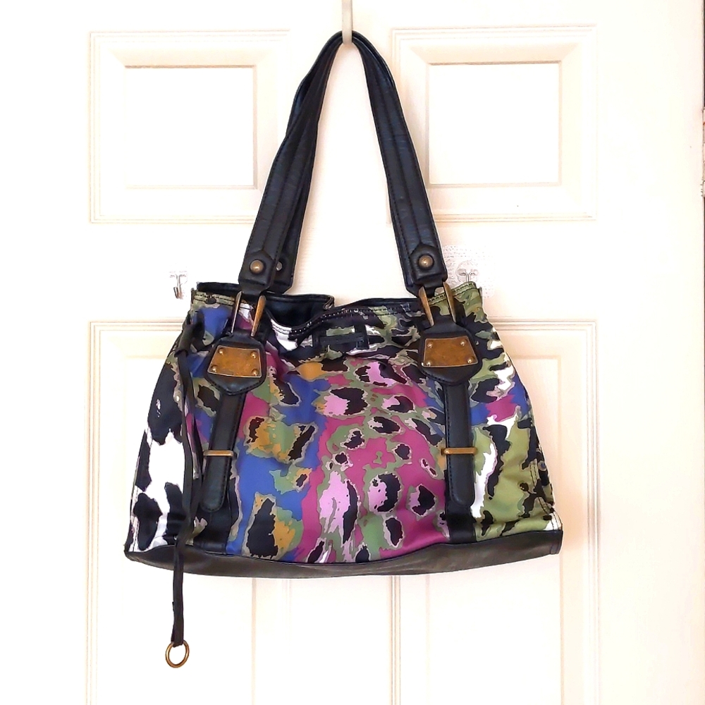NWOT. Jessica Simpson Large multi color satin shoulder bag with three layers.